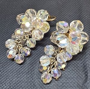 Vintage AB Crystal Cluster Clip-On Earrings Gold Tone (Regency Style)